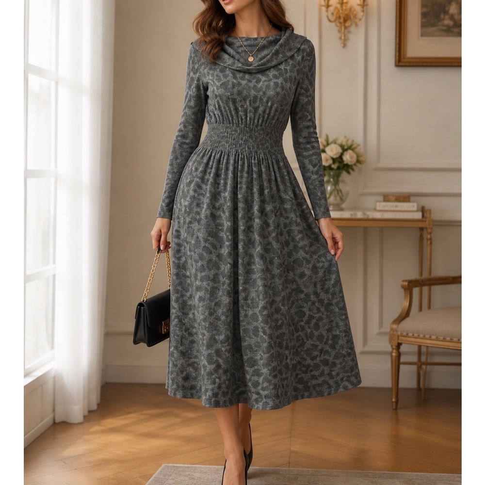 Rebecca Taylor Grey Leopard Print Wool Alpaca Blend Cowl Neck Sweater Dress b2‎
